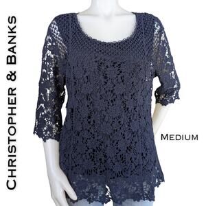 Christopher & Banks Crochet Lace Knit Top Medium Navy Blue Layered 3/4 Sleeve